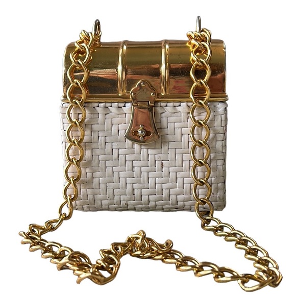 RARE Sacha Vintage White Wicker Straw Gold Curved Chain Strap Basket Box Purse - Picture 16 of 16